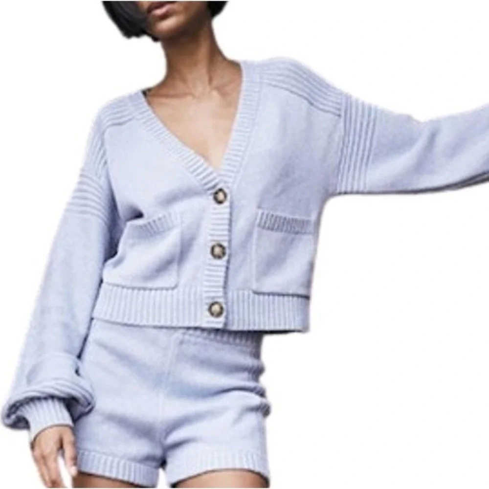 NAADAM Donegal Cardigan Sweater‎ Light Blue Womens L Cotton Silk Blend Cozy EUC